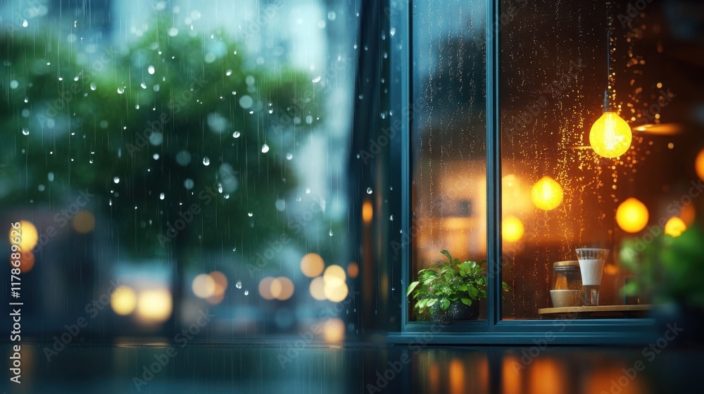 Fototapeta premium Cozy Cafe Scene with Rain and Warm Light Emitting from Windows