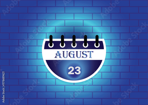 A stylized calendar page displaying August 23rd. The calendar is circular and features a blue and white color scheme. It's set against a textured blue brick wall backdrop