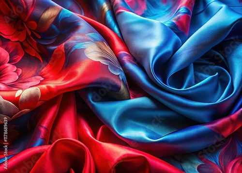 Abstract Silk Floral Art: Red & Blue Flowing Fabric Texture