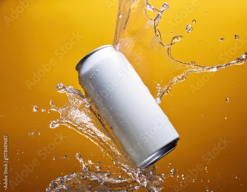 White soda can mockup photo splash of water product photo yellow backdrop floating in the air