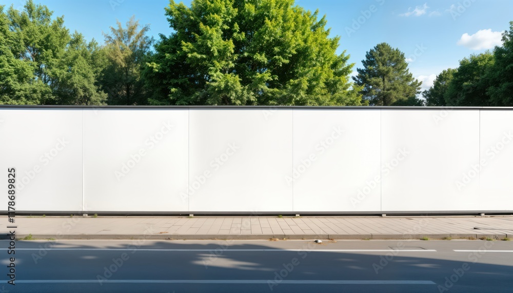Naklejka premium Empty white hoarding stands on city street. Green trees line up behind blank billboard. Urban setting. Ideal for advertising. Modern structure. Blank space ready for poster. Potential for