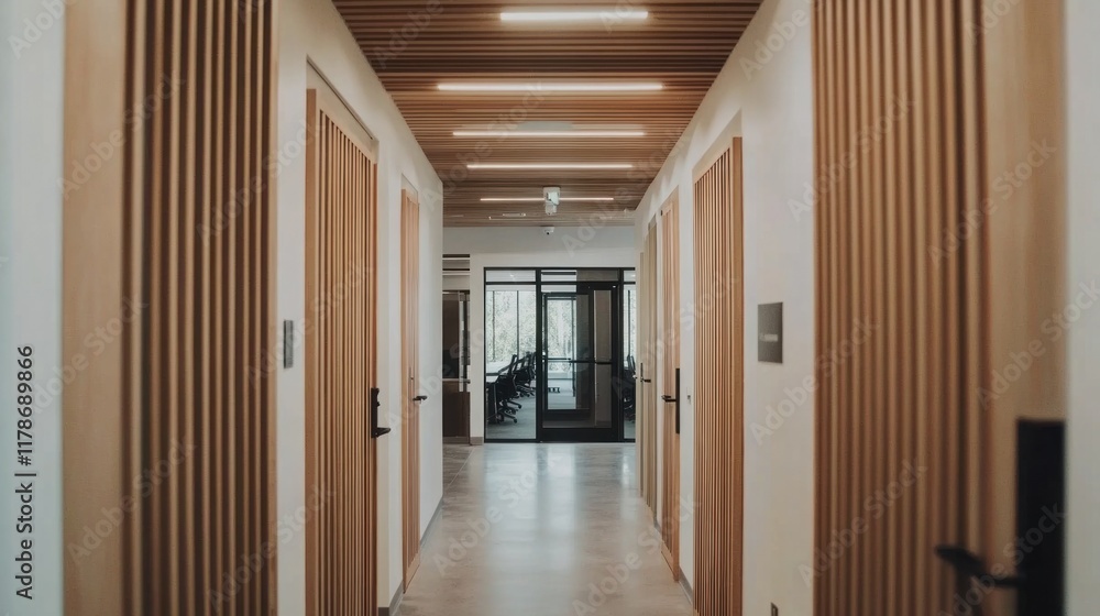 Fototapeta premium Modern office hallway with wood accents and glass doors.