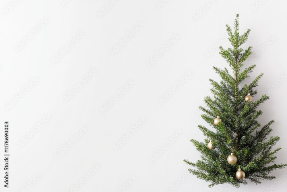 Minimalist Christmas Tree with Geometric Gold Ornaments on White Background Minimalist Christmas Tree with Geometric Gold Ornaments on White Background
