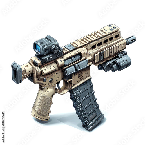 Close-up view of a beige tactical rifle with various attachments, showcasing its modern design and military-grade features. Ideal for video games, military publications, or tactical gear websites. photo