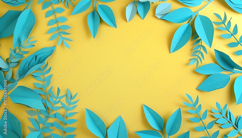 Circular frame of turquoise paper cut leaves on a sunny yellow backdrop, creating a minimalistic style with copy space. Circular frame of turquoise paper cut leaves on a sunny yellow backdrop, creating a minimalistic style with copy space.