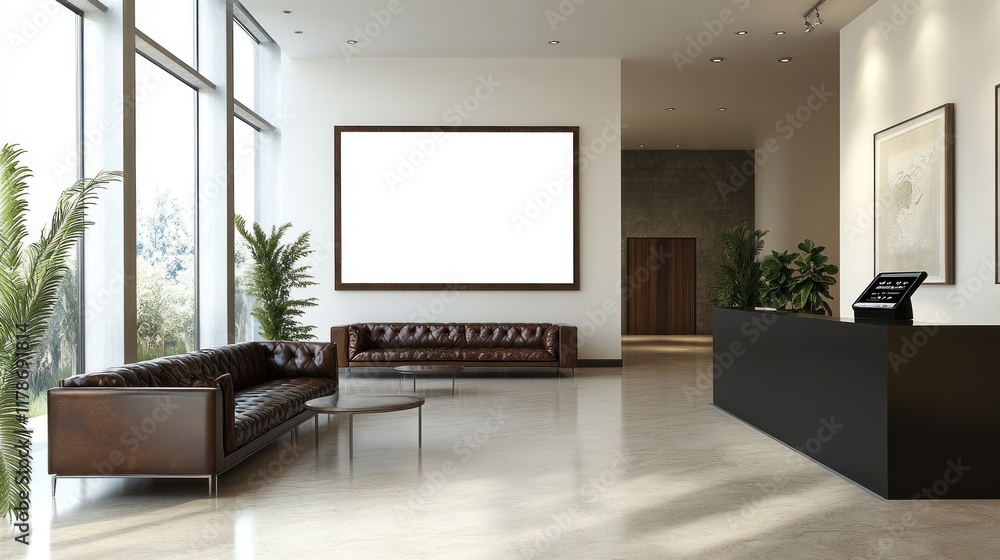 Modern office lobby with leather sofas, large windows, and reception desk. Modern office lobby with leather sofas, large windows, and reception desk.