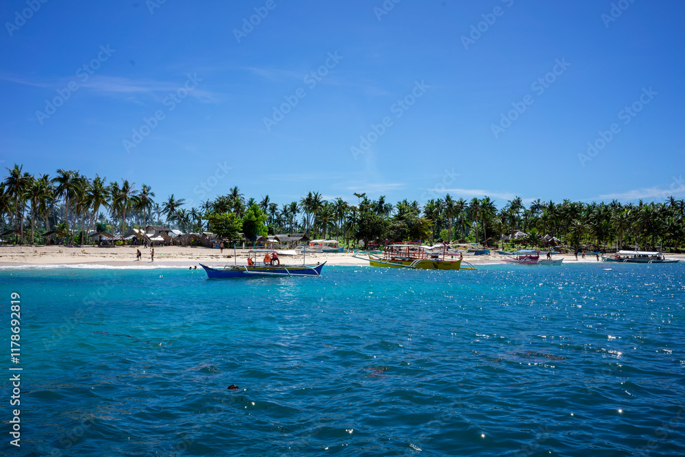 Traditional wooden boats floating on clear blue tropical waters near a palm-lined beach. Perfect for travel promotions, island getaways, or summer vacation themes. Traditional wooden boats floating on clear blue tropical waters near a palm-lined beach. Perfect for travel promotions, island getaways, or summer vacation themes.
