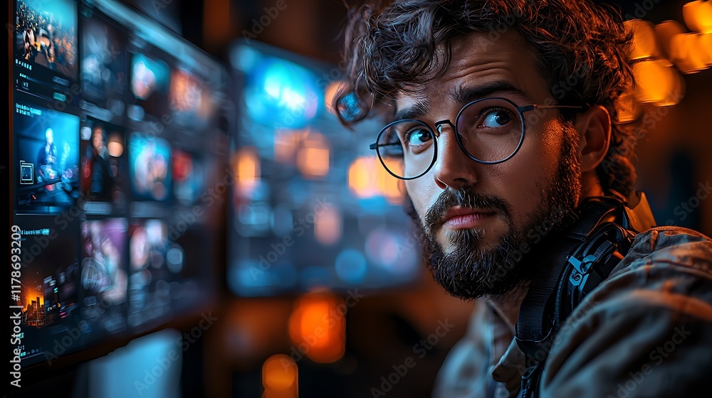 Man looking at multiple computer screens. Man looking at multiple computer screens.