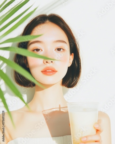 Young Woman with Iced Coffee in Soft Summer Lighting