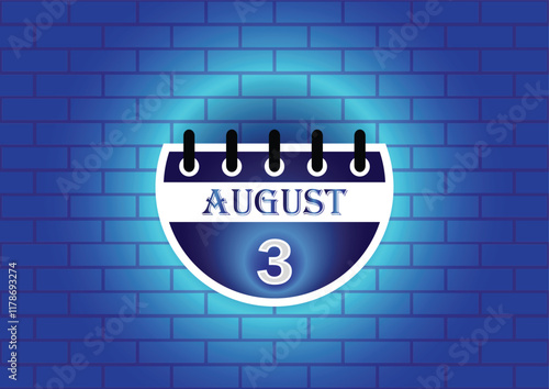 A stylized calendar page showing August 3rd, highlighted against a blue brick wall. The design is clean and modern, suitable for various uses.
