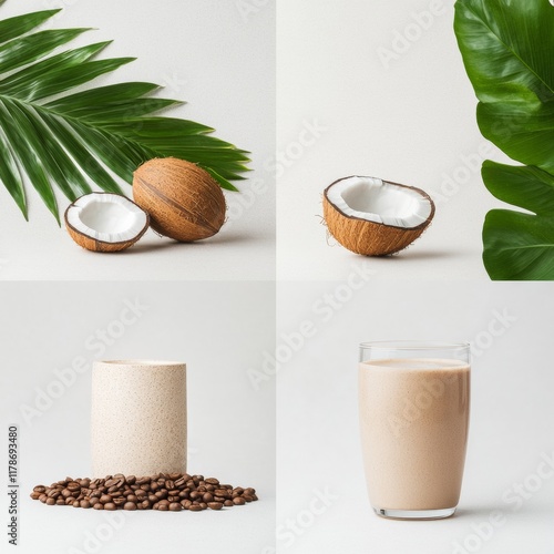 Creative Vietnamese Coconut Coffee Collage Tropical Elegance and Aromatic Layers photo