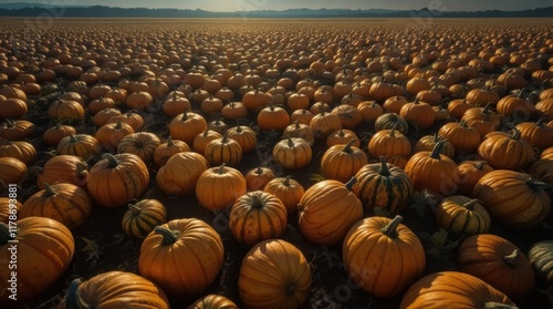 Drone View of Pumpkin Field Illuminated by Moonlight with Glowing Full Moon photo