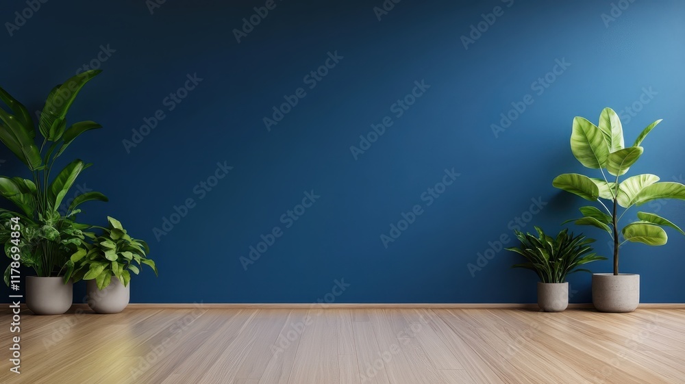 Fototapeta premium Serene dark blue room with plants gracefully arranged on a rustic wooden floor, creating a calming atmosphere.