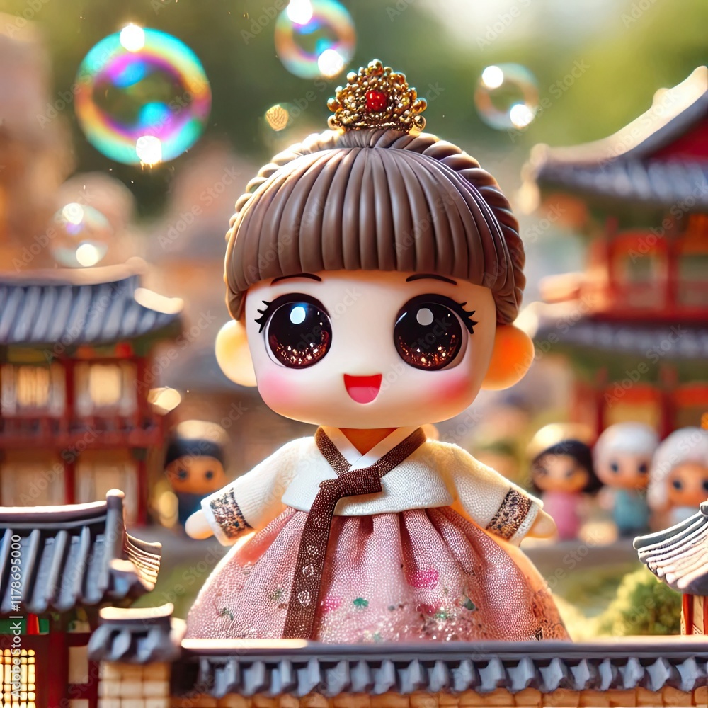 Charming Figurine in Traditional Korean Hanbok Amidst Historic Village Setting with Generative AI. Charming Figurine in Traditional Korean Hanbok Amidst Historic Village Setting with Generative AI.