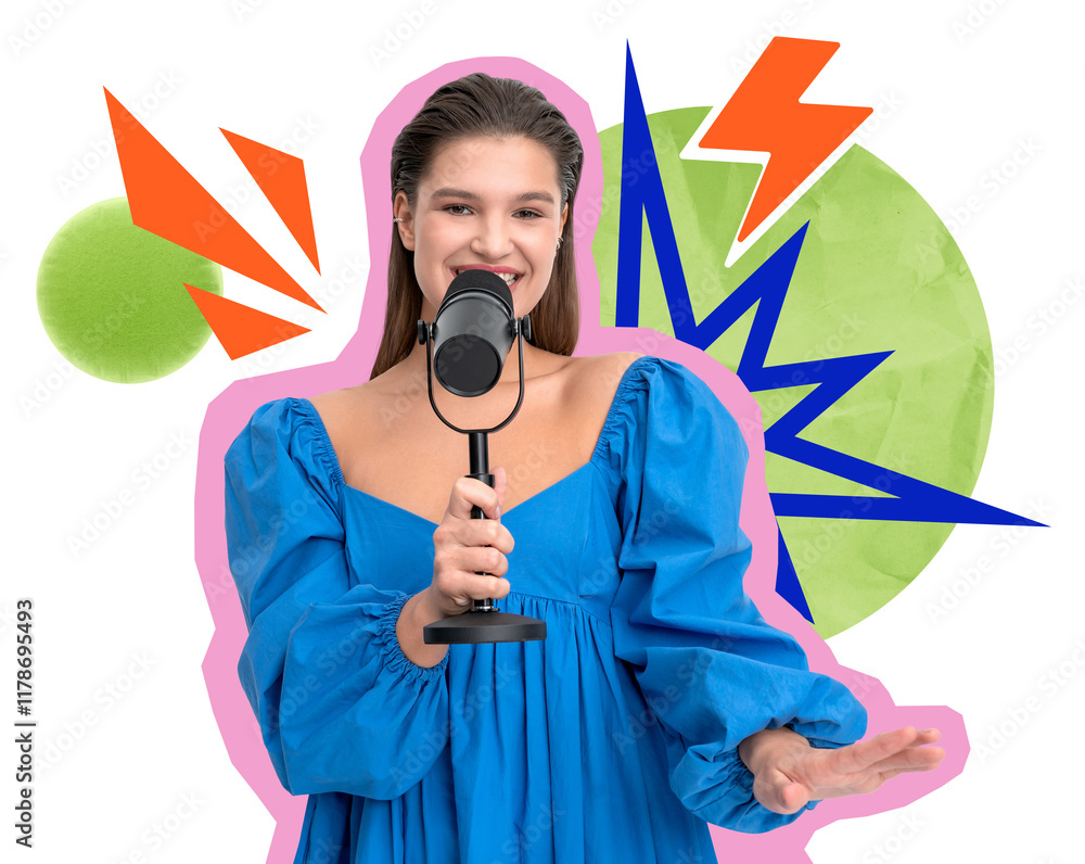 Woman holding a microphone, wearing a blue dress, surrounded by vibrant abstract shapes on a white background. Concept of creativity and expression Woman holding a microphone, wearing a blue dress, surrounded by vibrant abstract shapes on a white background. Concept of creativity and expression
