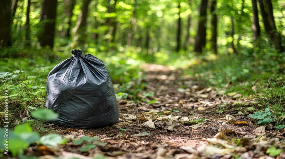 A black garbage bag sits on a forest path, highlighting litter in a natural environment. A black garbage bag sits on a forest path, highlighting litter in a natural environment.