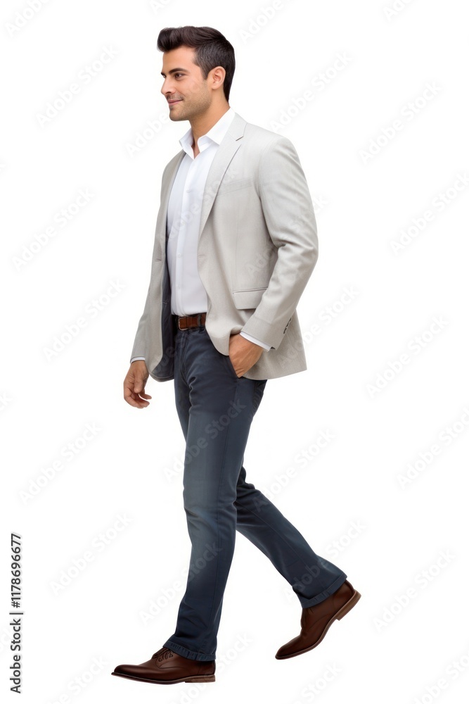Confident successful smart casual businessman walking with hands in pockets blazer shirt adult. Confident successful smart casual businessman walking with hands in pockets blazer shirt adult.