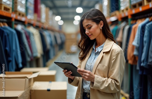 Confident fashion manager uses tablet to inspect clothes in retail warehouse. Manager checks stock, inventory on tablet. Organized fashion merchandise ready for shipment. Logistics, quality control