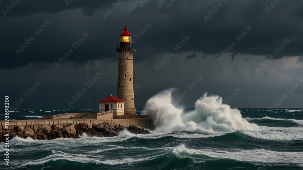 Obraz premium View of the lighthouse during a storm on the Black Sea 