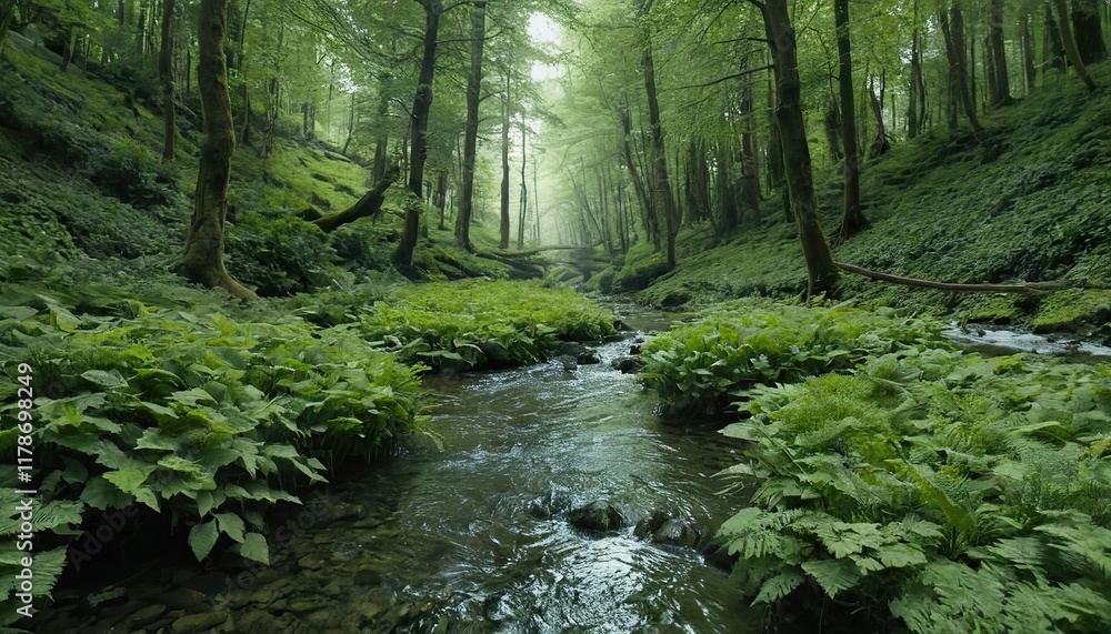Lush, verdant forest stream flowing through a dense, green woodland. Sunlight filters through the trees, illuminating the tranquil scene. Lush, verdant forest stream flowing through a dense, green woodland. Sunlight filters through the trees, illuminating the tranquil scene.
