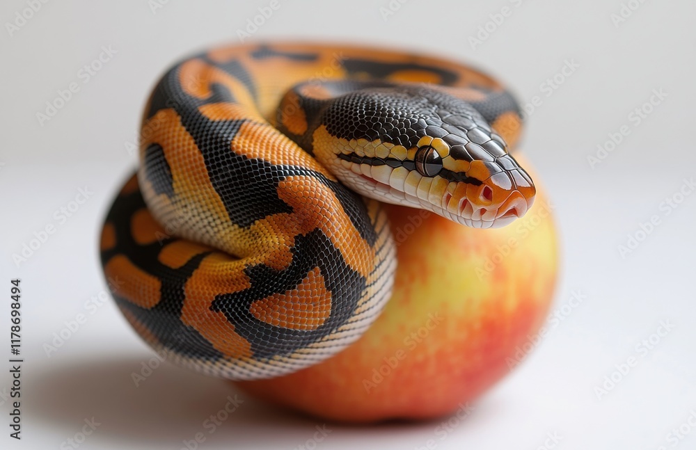 Fototapeta premium Colorful Snake Coiled Around a Fresh Apple, Showcasing the Unique Patterns and Texture of the Reptile Against a Simple Background