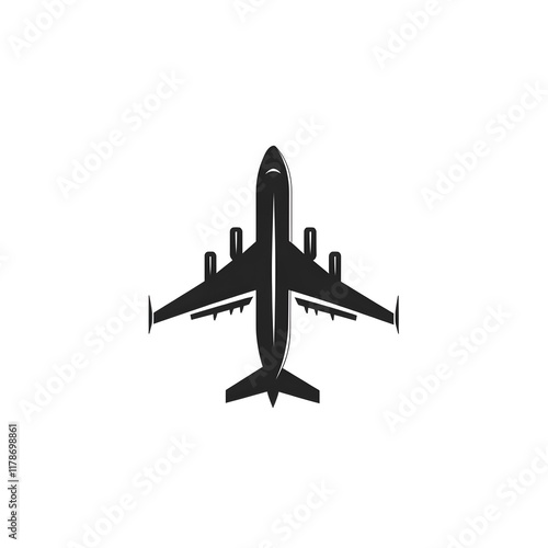Airplane Silhouette Icon on White Background - Top View of Aircraft