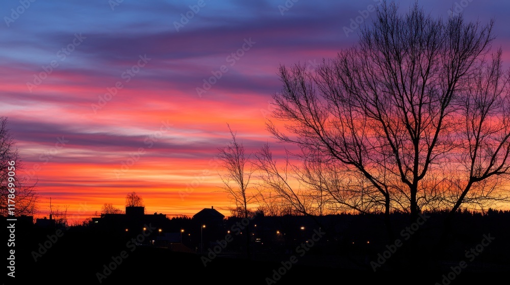 A vibrant sunset casts colorful hues over a silhouetted landscape and city lights. A vibrant sunset casts colorful hues over a silhouetted landscape and city lights.