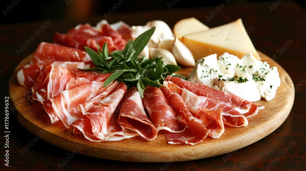 Mediterranean platter featuring prosciutto and cheeses rustic table setting food presentation indoor dining culinary delight Mediterranean platter featuring prosciutto and cheeses rustic table setting food presentation indoor dining culinary delight