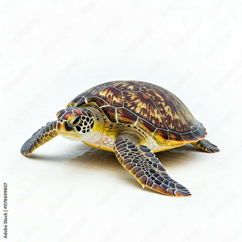 Obraz premium sea turtle on a white background with a close-up of the turtle's shell and face.