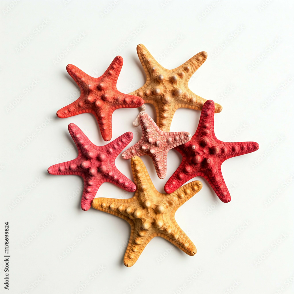 red orange and yellow starfish on white background summer beach seashell decoration