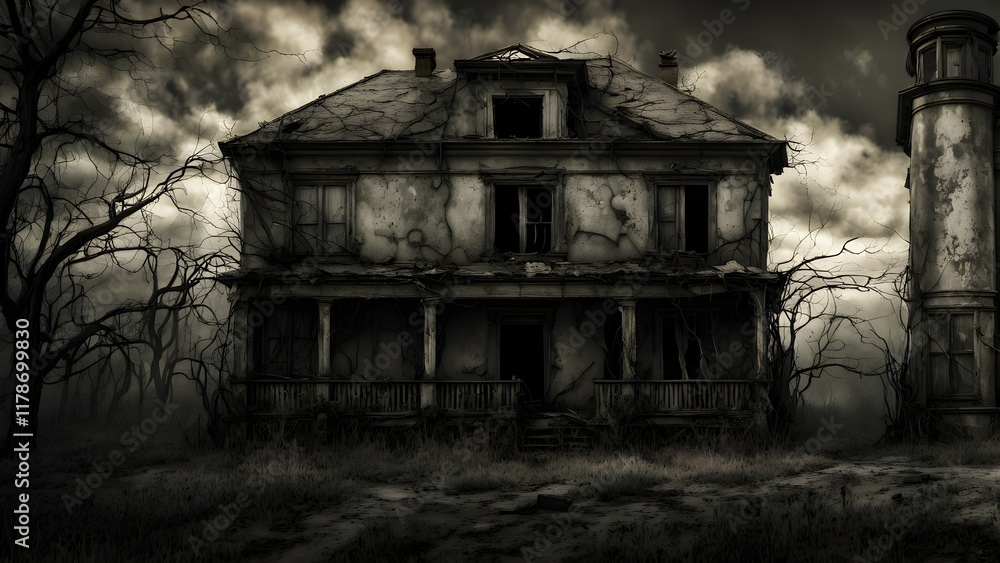 Obraz premium A haunting, dilapidated house surrounded by barren trees and a dark sky.