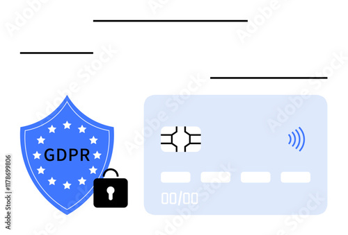Shield labeled GDPR, lock symbolizing security, chip-based contactless credit card. Ideal for finance, privacy, cybersecurity, data protection, e-commerce compliance legal concepts. Abstract line