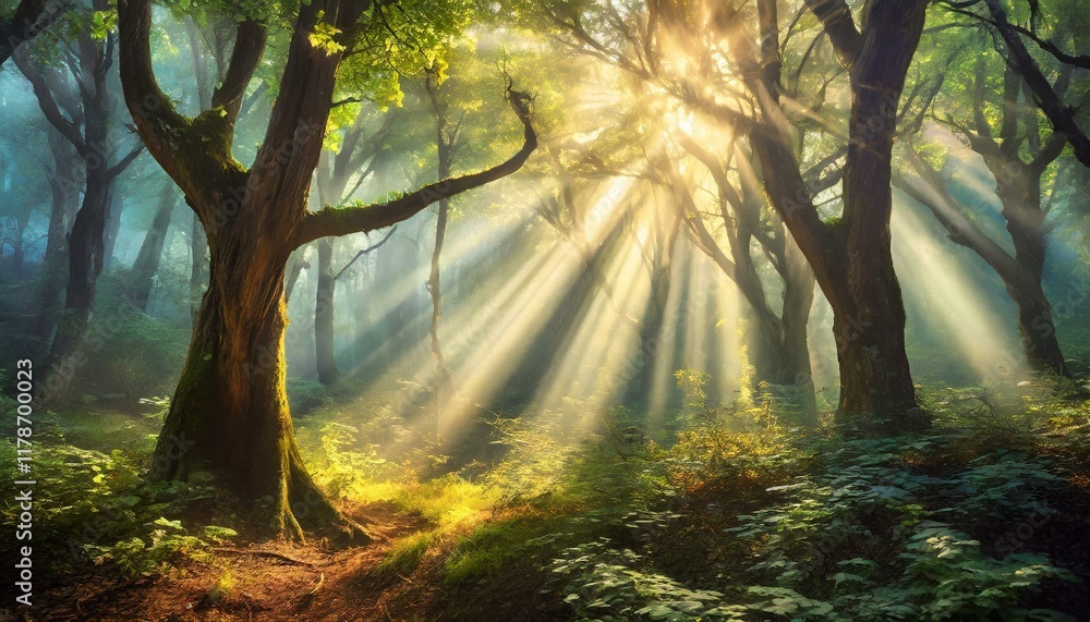 Obraz premium Ethereal Foggy Forest with Sunbeams Through Trees