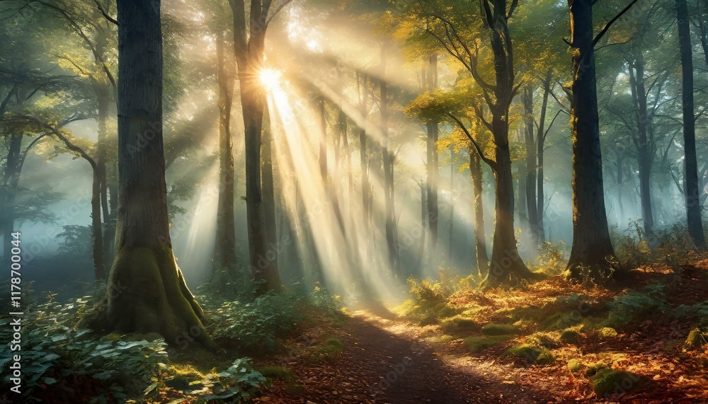 Obraz premium Foggy Forest with Sunbeams Piercing Through Trees