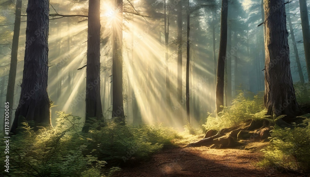 Naklejka premium Sunbeams in a Foggy Forest Scene