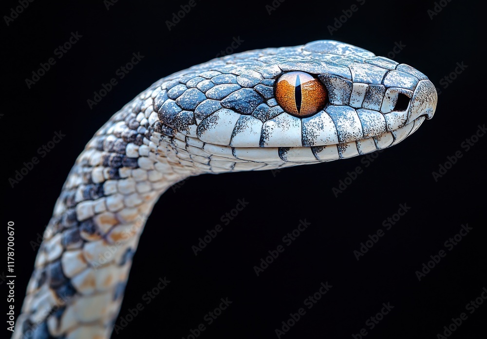 Fototapeta premium Detailed Close-Up of a Stunning Snake with Unique Scales and Striking Amber Eye Against a Dark Background, Perfect for Nature and Wildlife Themes