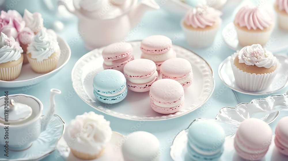 Fototapeta premium A delightful assortment of pastel macarons and cupcakes arranged elegantly on a table.