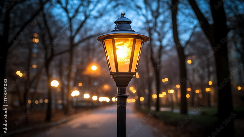 Illuminated park path at dusk; warm light, autumn leaves. Illuminated park path at dusk; warm light, autumn leaves.
