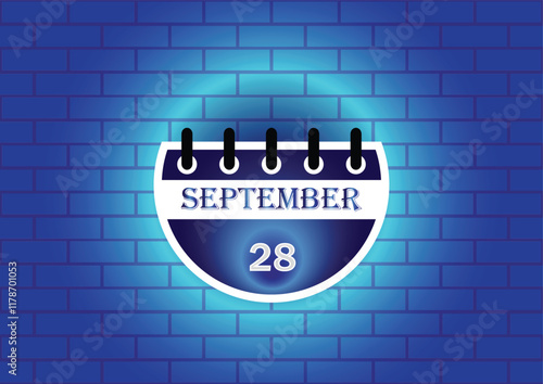 A digital illustration of a calendar page showing September 28th. The calendar is depicted against a blue brick wall background, illuminated by a soft glow, creating a visually appealing design.