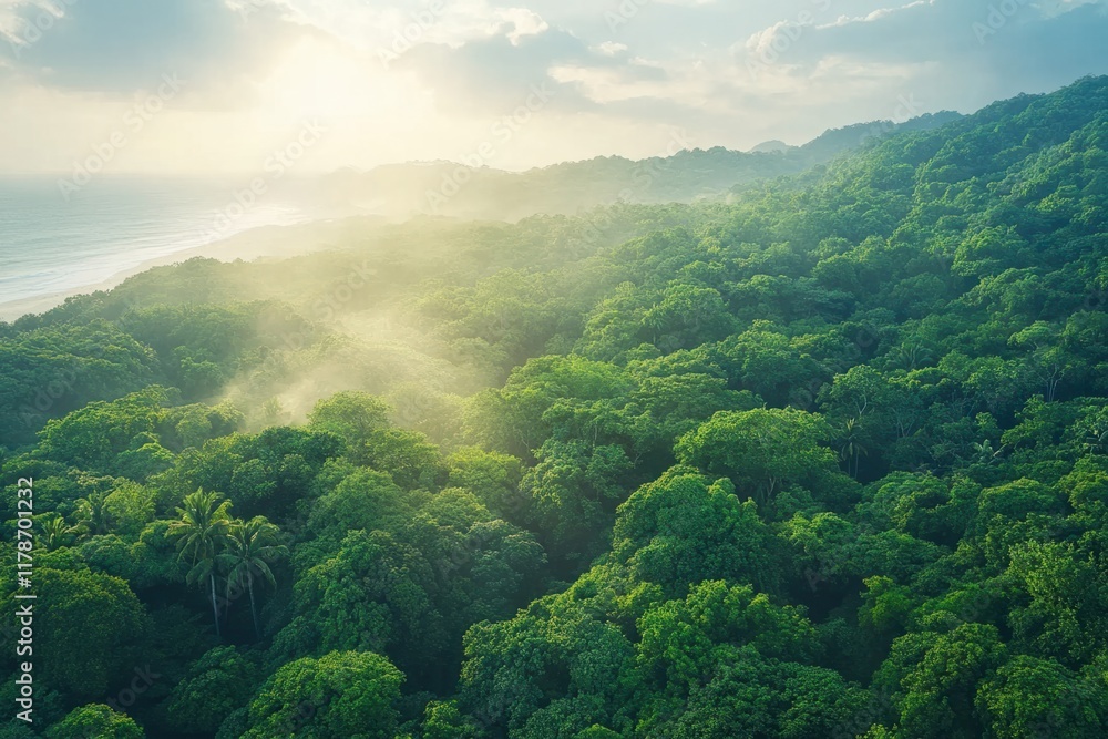 Fototapeta premium Lush green forest landscape with mist rising near the ocean during sunrise