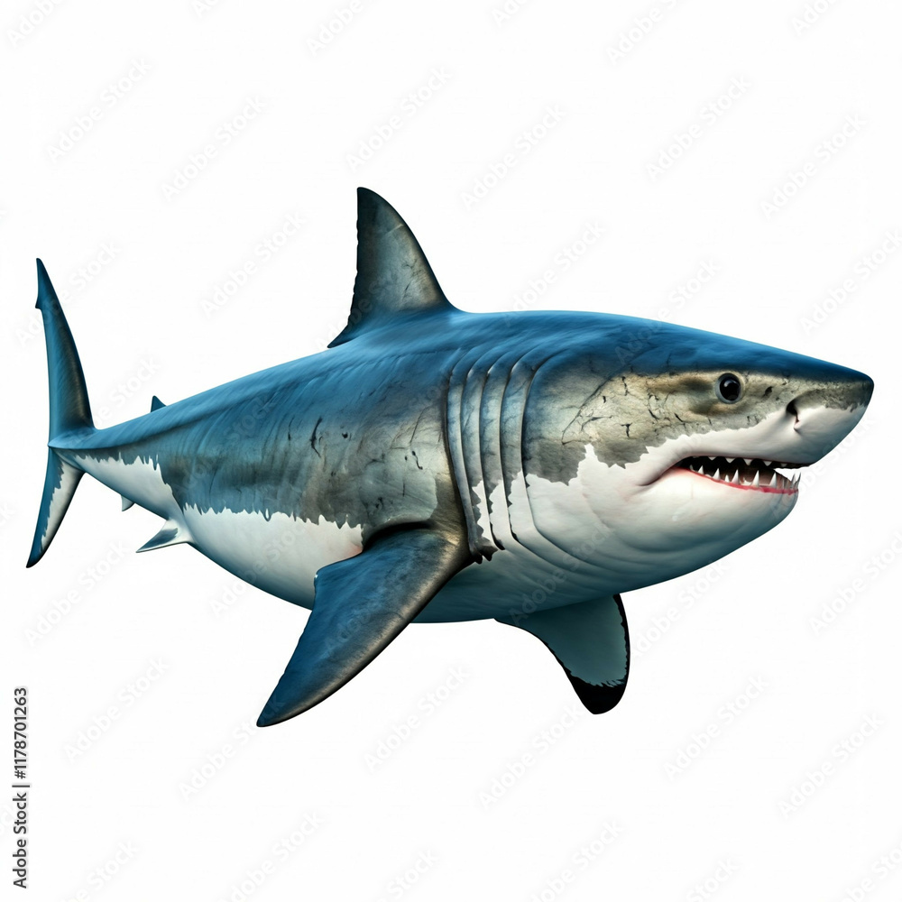 Obraz premium great white shark 3d render with white background and open mouth showing sharp teeth