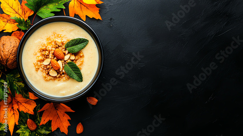 Warm millet porridge with almond milk and a sprinkle of nuts, nutrientdense breakfast option photo