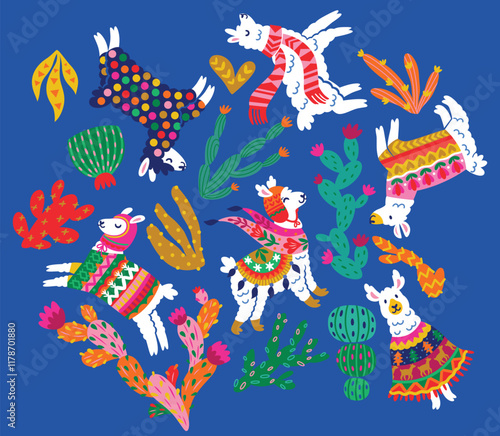 Set of cactuses and white llamas, alpacas in winter sweaters, scarf, hats isolated on navy blue background. Vector illustration