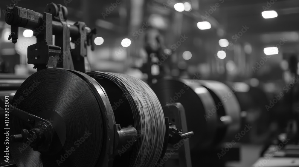 A monochrome image of industrial machinery with reels and blurred background lights. A monochrome image of industrial machinery with reels and blurred background lights.