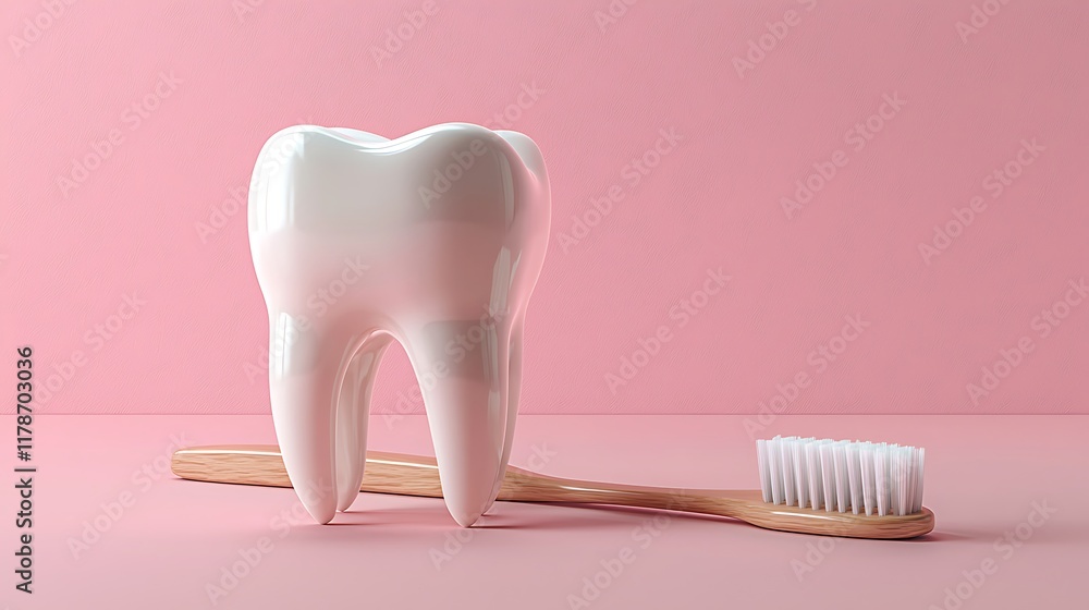 Toothbrush and tooth model on pink background. Toothbrush and tooth model on pink background.