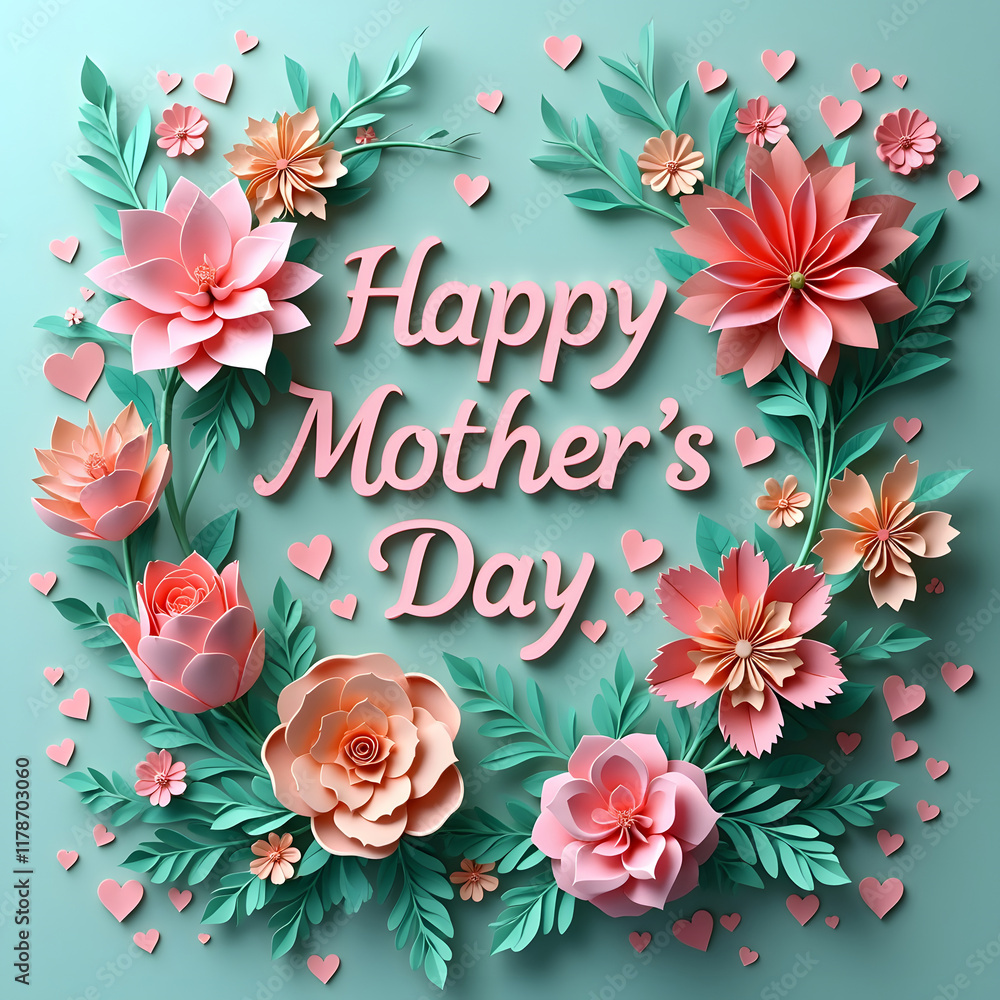 Obraz premium Happy Mother's Day Floral Design – Beautiful Paper Flowers and Heart Decoration
