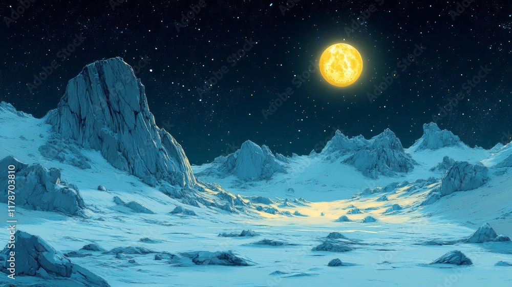 Night scene of a snow-covered alien landscape with a large, yellow moon and starry sky. Night scene of a snow-covered alien landscape with a large, yellow moon and starry sky.