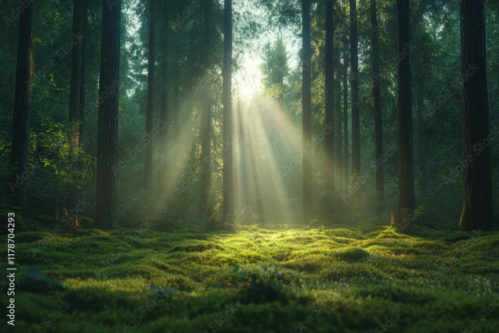 Fototapeta premium Sunlight filtering through trees creates a magical atmosphere in a serene forest at dawn