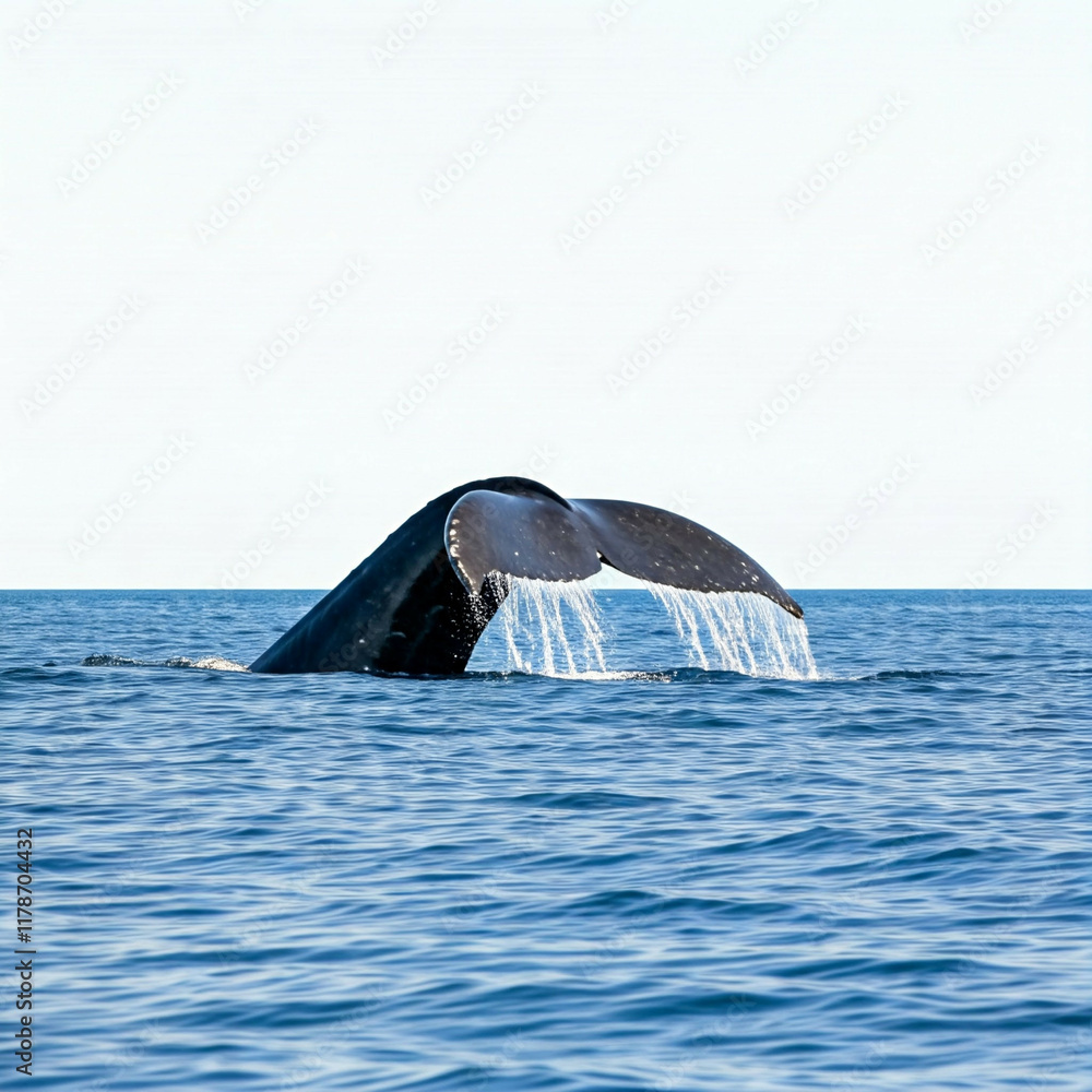 Fototapeta premium a humpback whale tail disappears underneath the blue ocean water
