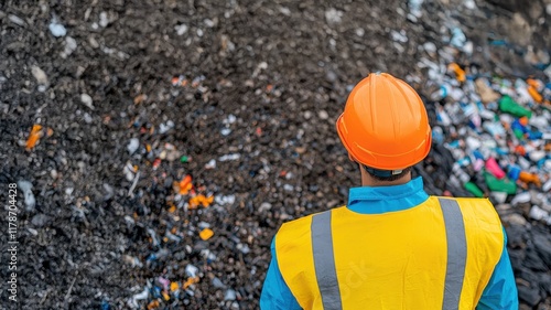 Worker in safety gear observes a waste disposal site. photo